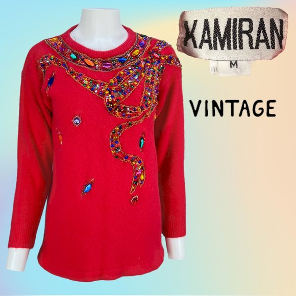 VTG Red KAMIRAN Beaded Lambswool Angora Sweater Sz Medium - Picture 1 of 16
